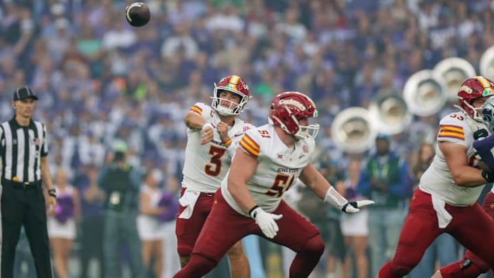 Aug 23, 2025; Dublin, IRELAND; Iowa State quarterback Rocco Becht during the Aer Lingus Classic between Iowa State and Kansas State at Aviva Stadium. Mandatory Credit: Laszlo Geczo/INPHO via Imagn Images