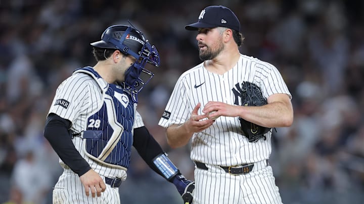 Oct 1, 2025; Bronx, New York, USA; New York Yankees starting pitcher Carlos Rodon (55) leaves the game during the seventh inning against the Boston Red Sox during game two of the Wildcard round for the 2025 MLB playoffs at Yankee Stadium. Mandatory Credit: Brad Penner-Imagn Images