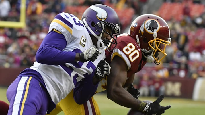Nov 12, 2017; Landover, MD, USA; Minnesota Vikings cornerback Terence Newman (23) breaks up a pass intended for Washington Redskins wide receiver Jamison Crowder (80) during the fourth quarter at FedEx Field. Minnesota Vikings defeated Washington Redskins 38-30. Mandatory Credit: Tommy Gilligan-Imagn Images