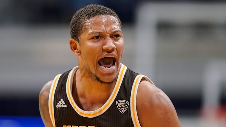 Western Michigan Broncos guard Markhi Strickland (22) yells in excitement Monday, Nov. 11, 2024, during the game at Hinkle Fieldhouse in Indianapolis. The Butler Bulldogs defeated the Western Michigan Broncos, 85-65. Western Michigan Broncos guard Markhi Strickland (22) yells in excitement Monday, Nov. 11, 2024, during the game at Hinkle Fieldhouse in Indianapolis. The Butler Bulldogs defeated the Western Michigan Broncos, 85-65.