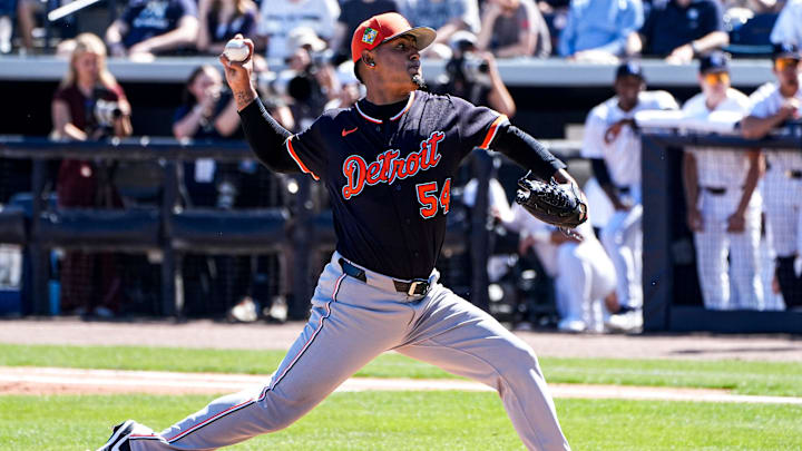 Detroit Tigers pitcher Keider Montero throws against Detroit Tigers during the first inning at George M. Steinbrenner Field in Tampa, Fla. on Saturday, Feb. 21, 2026. Detroit Tigers pitcher Keider Montero throws against Detroit Tigers during the first inning at George M. Steinbrenner Field in Tampa, Fla. on Saturday, Feb. 21, 2026.