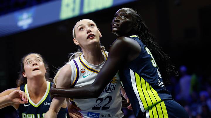 Sep 17, 2026; Arlington, Texas, USA; Los Angeles Sparks forward Cameron Brink (22) and Dallas Wings forward Awak Kuier (34) battle for position during the first half at College Park Center. Mandatory Credit: Chris Jones-Imagn Images Sep 17, 2026; Arlington, Texas, USA; Los Angeles Sparks forward Cameron Brink (22) and Dallas Wings forward Awak Kuier (34) battle for position during the first half at College Park Center. Mandatory Credit: Chris Jones-Imagn Images