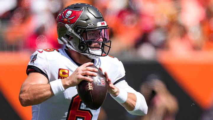 Tampa Bay Buccaneers quarterback Baker Mayfield (6) drops back to throw in the first quarter of the NFL Week 1 game between the Cincinnati Bengals and the Tampa Bay Buccaneers at Paycor Stadium in Cincinnati on Sunday, Sept. 13, 2026. Tampa Bay Buccaneers quarterback Baker Mayfield (6) drops back to throw in the first quarter of the NFL Week 1 game between the Cincinnati Bengals and the Tampa Bay Buccaneers at Paycor Stadium in Cincinnati on Sunday, Sept. 13, 2026.