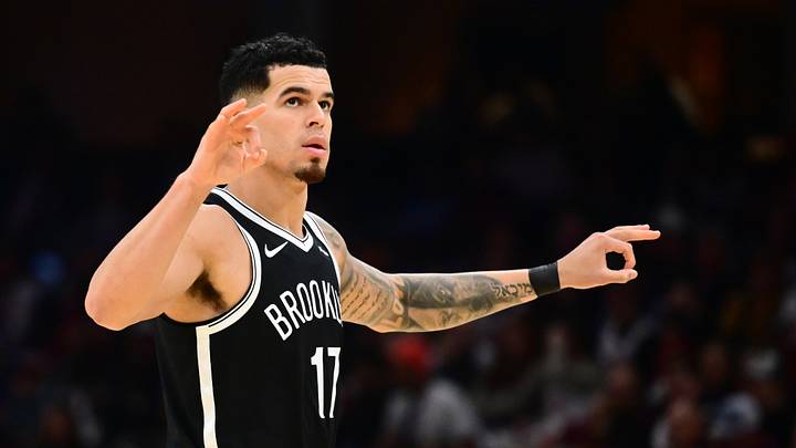Oct 24, 2026; Cleveland, Ohio, USA; Brooklyn Nets forward Michael Porter Jr. (17) celebrates after hitting a three point basket during the second half against the Cleveland Cavaliers at Rocket Arena. Mandatory Credit: Ken Blaze-Imagn Images