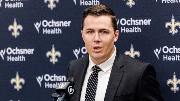 Feb 13, 2025; New Orleans, LA, USA;  New Orleans Saints introduce Kellen Moore as the head coach and he addresses the media at Ochsner Sports Performance Center. Mandatory Credit: Stephen Lew-Imagn Images