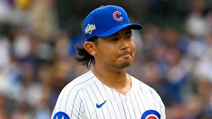 Oct 1, 2025; Chicago, Illinois, USA; Chicago Cubs relief pitcher Shota Imanaga (18) leaves the mound for a pitching change after giving up a two-run home run in the fifth inning against the San Diego Padres during game two of the Wildcard round for the 2025 MLB playoffs at Wrigley Field. Mandatory Credit: Matt Marton-Imagn Images