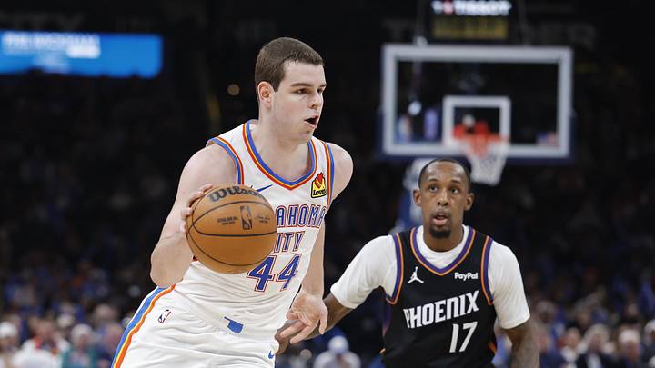 Apr 12, 2026; Oklahoma City, Oklahoma, USA; Oklahoma City Thunder guard Nikola Topic (44) drives around Phoenix Suns guard Jamaree Bouyea (17) during the second half at Paycom Center. Mandatory Credit: Alonzo Adams-Imagn Images Apr 12, 2026; Oklahoma City, Oklahoma, USA; Oklahoma City Thunder guard Nikola Topic (44) drives around Phoenix Suns guard Jamaree Bouyea (17) during the second half at Paycom Center. Mandatory Credit: Alonzo Adams-Imagn Images