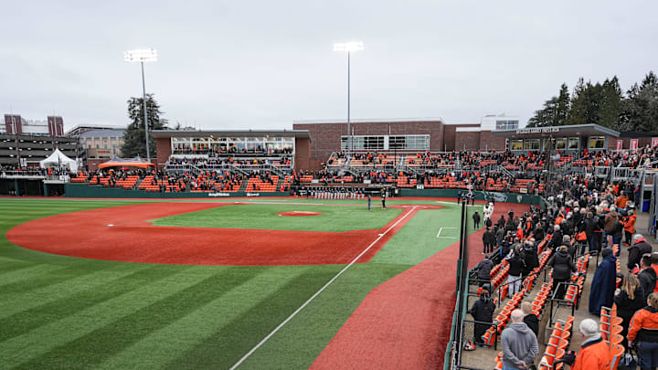 Fans observe the national anthem before an NCAA college baseball game between Oregon State and Xavier at Goss Stadium on Friday, March 6, 2026, in Corvallis, Ore.