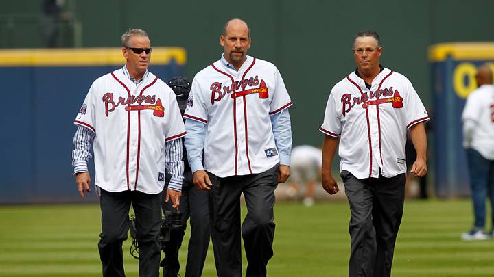Oct 2, 2016; Atlanta, GA, USA; Former Atlanta Braves pitcher Greg Maddux (31) and pitcher John Smoltz (29) and pitcher Tom Glavine (47) walk on the field before a game against the Detroit Tigers at Turner Field. Mandatory Credit: Brett Davis-USA TODAY Sports Oct 2, 2016; Atlanta, GA, USA; Former Atlanta Braves pitcher Greg Maddux (31) and pitcher John Smoltz (29) and pitcher Tom Glavine (47) walk on the field before a game against the Detroit Tigers at Turner Field. Mandatory Credit: Brett Davis-USA TODAY Sports