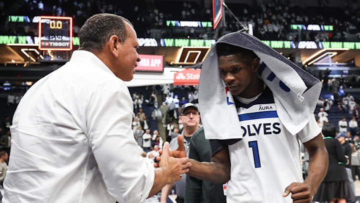 Apr 23, 2023; Minneapolis, Minnesota, USA; Minnesota Timberwolves guard Anthony Edwards (1) and