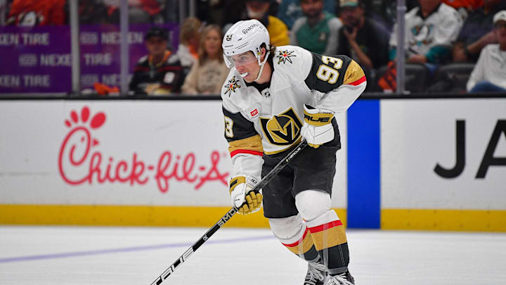 May 8, 2026; Anaheim, California, USA; Vegas Golden Knights right wing Mitch Marner (93) controls the puck against the Anaheim Ducks during the first period in game three of the second round of the 2026 Stanley Cup Playoffs at Honda Center. Mandatory Credit: Gary A. Vasquez-Imagn Images