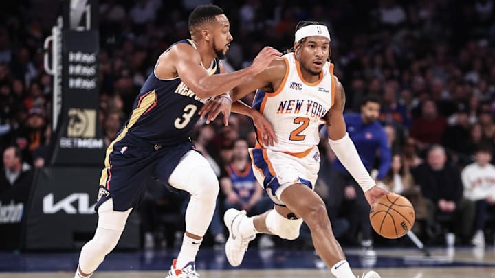 Dec 1, 2024; New York, New York, USA; New York Knicks guard Miles McBride (2) drives past New Orleans Pelicans guard CJ McCollum (3) in the second quarter at Madison Square Garden. Mandatory Credit: Wendell Cruz-Imagn Images Dec 1, 2024; New York, New York, USA; New York Knicks guard Miles McBride (2) drives past New Orleans Pelicans guard CJ McCollum (3) in the second quarter at Madison Square Garden. Mandatory Credit: Wendell Cruz-Imagn Images