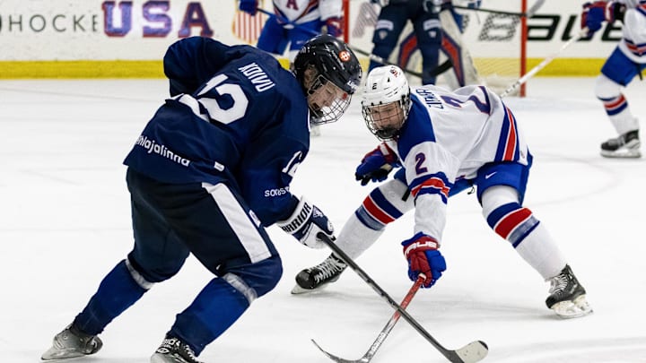 Feb 7, 2024; Plymouth, MI, USA; USA s Brodie Ziemer (2) poke checks the puck from Finland's Aatos Koivu (12) during the third period of the 2024 U18 s Five Nations Tournament at USA Hockey Arena. Mandatory Credit: David Reginek-Imagn Images