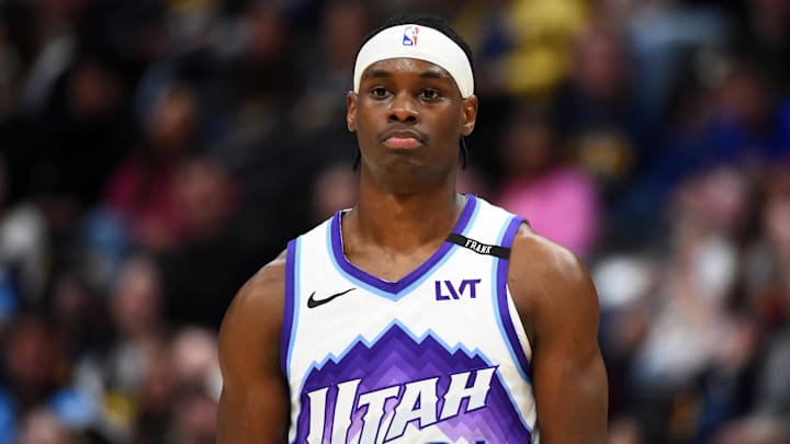 Mar 27, 2026; Denver, Colorado, USA; Utah Jazz guard Bez Mbeng (21) waits during a free throw during the second half against the Denver Nuggets at Ball Arena. Mandatory Credit: Christopher Hanewinckel-Imagn Images