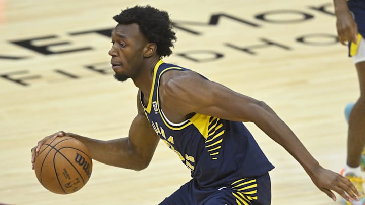 Oct 10, 2024; Cleveland, Ohio, USA; Indiana Pacers center James Wiseman (13) dribbles in the third quarter against the Cleveland Cavaliers at Rocket Mortgage FieldHouse. Mandatory Credit: David Richard-Imagn Images