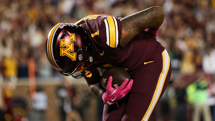 Oct 17, 2025; Minneapolis, Minnesota, USA; Minnesota Golden Gophers running back Darius Taylor (1) celebrates his touchdown against the Nebraska Cornhuskers during the second half at Huntington Bank Stadium. Mandatory Credit: Matt Krohn-Imagn Images