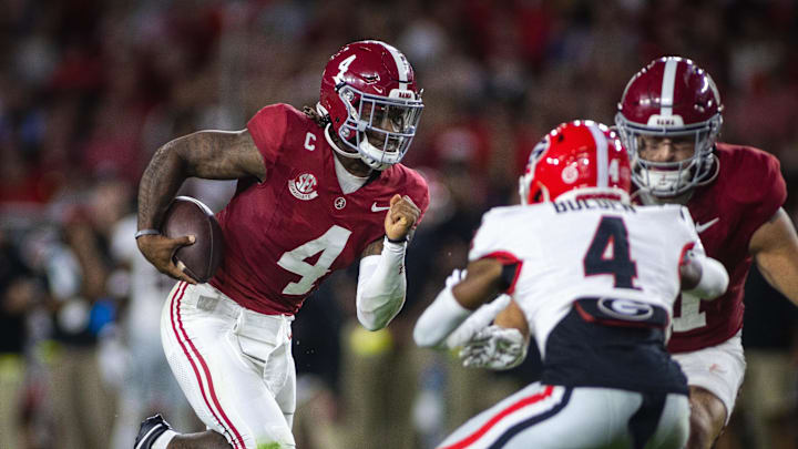 Sep 28, 2024; Tuscaloosa, Alabama, USA; Alabama Crimson Tide quarterback Jalen Milroe (4) runs against the Georgia Bulldogs during the first quarter at Bryant-Denny Stadium. Mandatory Credit: Will McLelland-Imagn Images Sep 28, 2024; Tuscaloosa, Alabama, USA; Alabama Crimson Tide quarterback Jalen Milroe (4) runs against the Georgia Bulldogs during the first quarter at Bryant-Denny Stadium. Mandatory Credit: Will McLelland-Imagn Images