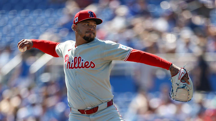 Dunedin, Florida, USA; Philadelphia Phillies pitcher Taijuan Walker (99) throws a pitch against the Toronto Blue Jays in the first inning during spring training at TD Ballpark. Dunedin, Florida, USA; Philadelphia Phillies pitcher Taijuan Walker (99) throws a pitch against the Toronto Blue Jays in the first inning during spring training at TD Ballpark.