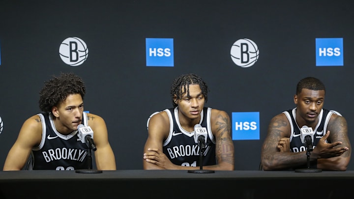 Oct 2, 2023; Brooklyn, NY, USA; Brooklyn Nets forwards Jalen Wilson (22), Noah Clowney (21), and Dariq Whitehead (0) at Brooklyn Nets Media Day Mandatory Credit: Wendell Cruz-Imagn Images