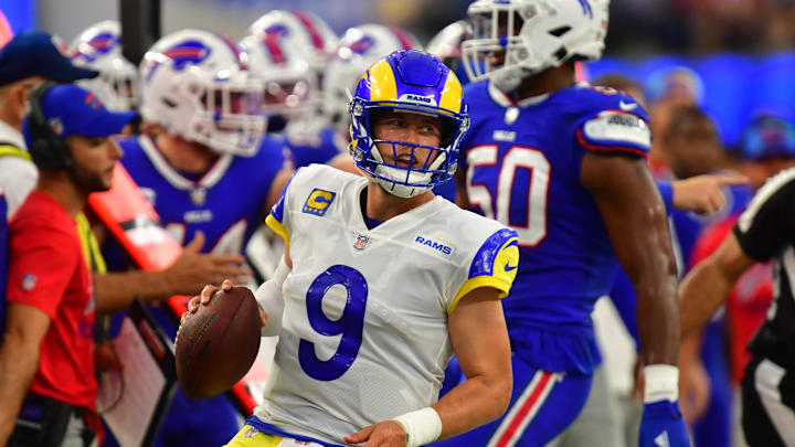Sep 8, 2022; Inglewood, California, USA;  Los Angeles Rams quarterback Matthew Stafford (9) runs the ball in the second quarter against the Buffalo Bills at SoFi Stadium. Mandatory Credit: Gary A. Vasquez-Imagn Images