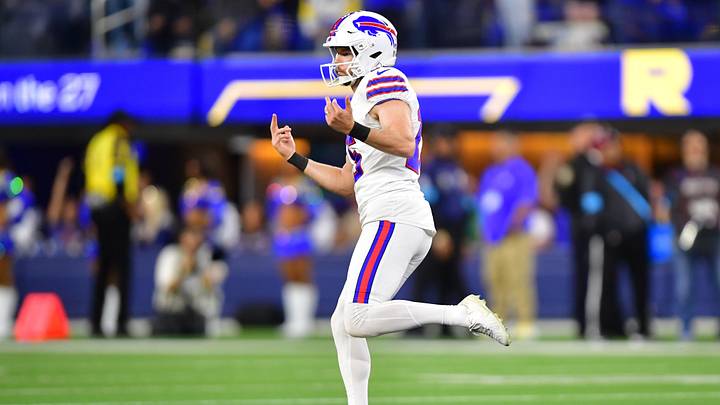 Oct 12, 2026; Inglewood, California, USA; Buffalo Bills place kicker Tyler Bass (16) celebrates after kicking a game winning field goal during overtime Los Angeles Rams Oct 12, 2026; Inglewood, California, USA; Buffalo Bills place kicker Tyler Bass (16) celebrates after kicking a game winning field goal during overtime Los Angeles Rams