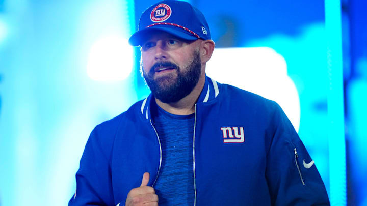 New York Giants Head Coach, Brian Daboll, takes the field just before kickoff, Sunday, October 13, 2024, in East Rutherford.