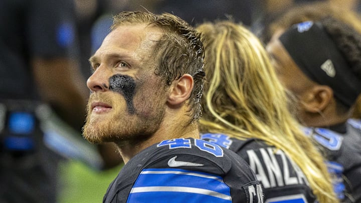 Oct 20, 2025; Detroit, Michigan, USA; Detroit Lions linebacker Jack Campbell (46) sits on the bench against the Tampa Bay Buccaneers during the second half at Ford Field. Mandatory Credit: David Reginek-Imagn Images Oct 20, 2025; Detroit, Michigan, USA; Detroit Lions linebacker Jack Campbell (46) sits on the bench against the Tampa Bay Buccaneers during the second half at Ford Field. Mandatory Credit: David Reginek-Imagn Images