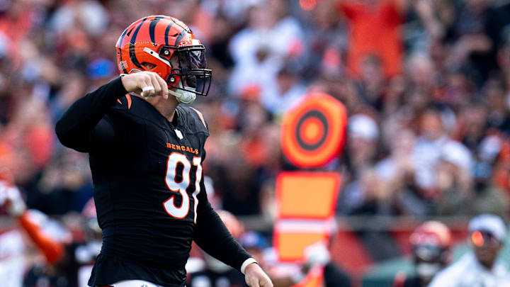 Cincinnati Bengals defensive end Trey Hendrickson (91) reacts after pressuring Las Vegas Raiders quarterback Desmond Ridder (10) who threw an incomplete pass in the fourth quarter of the NFL game at Paycor Stadium in Cincinnati on Sunday, Nov. 3, 2024.