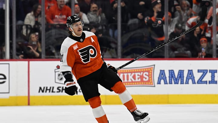 Dec 3, 2025; Philadelphia, Pennsylvania, USA; Philadelphia Flyers right wing Travis Konecny (11) celebrates his goal against the Buffalo Sabres during the first period at Xfinity Mobile Arena. Mandatory Credit: Eric Hartline-Imagn Images Dec 3, 2025; Philadelphia, Pennsylvania, USA; Philadelphia Flyers right wing Travis Konecny (11) celebrates his goal against the Buffalo Sabres during the first period at Xfinity Mobile Arena. Mandatory Credit: Eric Hartline-Imagn Images