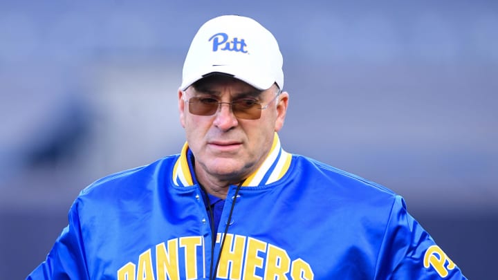 Nov 11, 2023; New York, New York, USA;  Pittsburgh Panthers head coach Pat Narduzzi watches warm ups before the game against against the Syracuse Orange at Yankee Stadium. Mandatory Credit: Dennis Schneidler-USA TODAY Sports