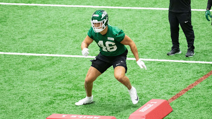 May 9, 2025; Florham Park, NJ, USA; New York Jets rookie tight end Mason Taylor (46) participates in a drill during the minicamp at Atlantic Health Jets Training Center. Mandatory Credit: Thomas Salus-Imagn Images