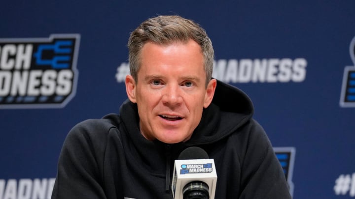Mar 21, 2024; Brooklyn, NY, USA; FAU coach Dusty May talks to the media at a press conference at Barclays Center. Mar 21, 2024; Brooklyn, NY, USA; FAU coach Dusty May talks to the media at a press conference at Barclays Center.