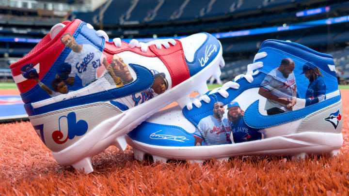Toronto Blue Jays first baseman Vladimir Guerrero Jr.'s special edition cleats feature pictures of him with his father, Hall of Fame outfielder Vladimir Guerrero. Toronto Blue Jays first baseman Vladimir Guerrero Jr.'s special edition cleats feature pictures of him with his father, Hall of Fame outfielder Vladimir Guerrero.