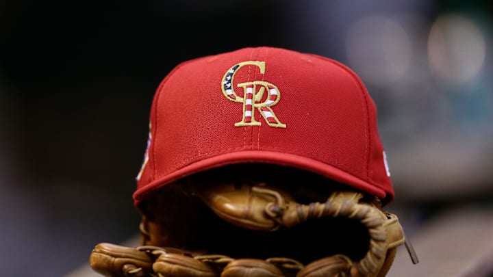 Jul 2, 2018; Denver, CO, USA; A detail view of a Colorado Rockies Independence Day hat in the third inning of the game against the San Francisco Giants at Coors Field. Mandatory Credit: Isaiah J. Downing-Imagn Images