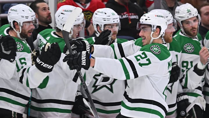 Jan 13, 2024; Chicago, Illinois, USA;  Dallas Stars forward Mason Marchement (27) celebrates with