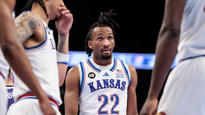 Mar 12, 2026; Kansas City, MO, USA; Kansas Jayhawks guard Darryn Peterson (22) during a break in play during the second half against the TCU Horned Frogs at T-Mobile Center. Mandatory Credit: William Purnell-Imagn Images