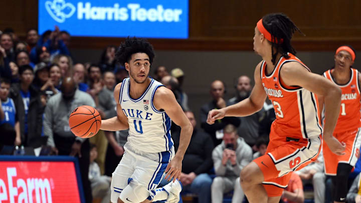Jan 2, 2024; Durham, North Carolina, USA;  Duke Blue Devils guard Jared McCain (0) dribbles up court