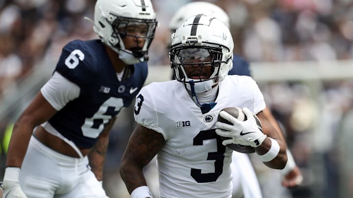 Apr 26, 2025; University Park, PA, USA; Penn State Nittany Lions wide receiver Koby Howard (3) runs with the ball during the first quarter of the Blue White spring game at Beaver Stadium. The White team defeated the Blue team 10-8. Mandatory Credit: Matthew O'Haren-Imagn Images