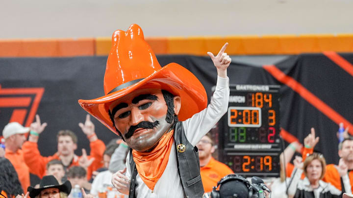 Oklahoma State’s Pistol Pete cheers during an NCAA wrestling meet between Oklahoma State and Missouri at Gallagher-Iba Arena in Stillwater, Okla., on Sunday, Feb. 2, 2025.