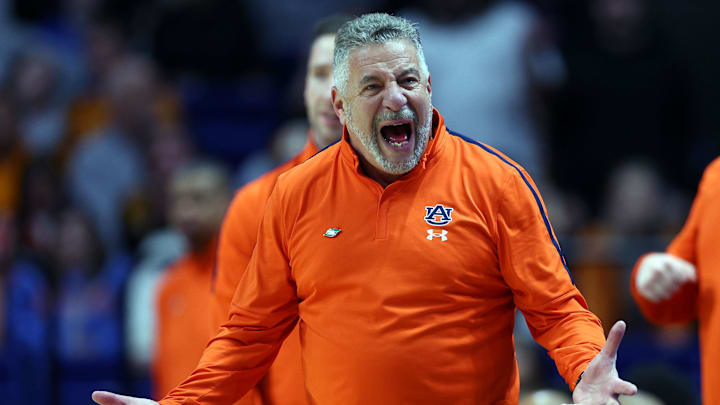 Mar 22, 2025; Lexington, KY, USA;  Auburn Tigers head coach Bruce Pearl reacts during the second half against the Creighton Bluejays in the second round to the NCAA Tournament at Rupp Arena. Mandatory Credit: Jordan Prather-Imagn Images