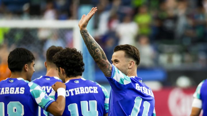 Jul 16, 2025; Seattle, Washington, USA; Seattle Sounders FC midfielder Albert Rusnak (11) celebrates after scoring a goal against the Colorado Rapids during the first half at Lumen Field. Mandatory Credit: Joe Nicholson-Imagn Images