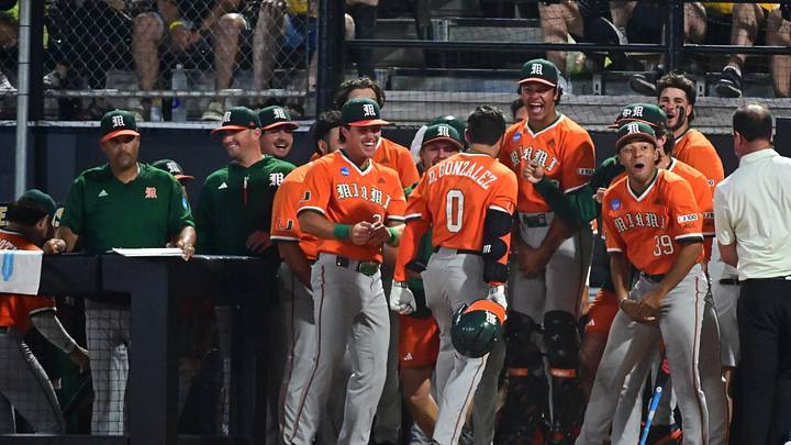Miami Hurricanes second baseman Dorian Gonzalez, Jr. (0) reacts after scoring against the Southern Miss Golden Eagles during the final game of the 2025 NCAA Hattiesburg Regional game at Pete Taylor Park in Hattiesburg, Mississippi, on June 2, 2025. Miami Hurricanes second baseman Dorian Gonzalez, Jr. (0) reacts after scoring against the Southern Miss Golden Eagles during the final game of the 2025 NCAA Hattiesburg Regional game at Pete Taylor Park in Hattiesburg, Mississippi, on June 2, 2025.