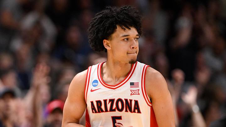 Mar 28, 2026; San Jose, CA, USA; Arizona Wildcats guard Brayden Burries (5) celebrates after a three-point basket against the Purdue Boilermakers in the second half during an Elite Eight game of the West Regional of the men's 2026 NCAA Tournament at SAP Center. Mandatory Credit: Eakin Howard-Imagn Images