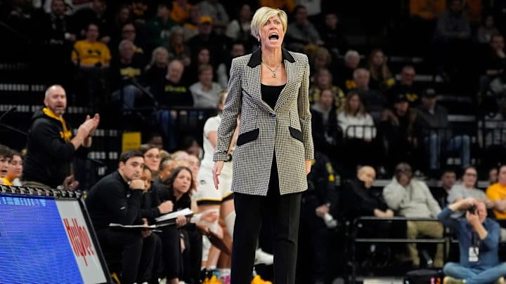 Iowa Hawkeyes head coach Jan Jensen reacts during a game against the Maryland Terrapins Sunday, Jan. 5, 2025 at Carver-Hawkeye Arena in Iowa City, Iowa.