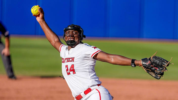 Texas Tech starting pitcher NiJaree Canady (24) pitches in the second inning during a softball game between Texas Tech and UCLA at the Women’s College World Series at Devon Park in Oklahoma City, on Saturday, May 31, 2025.
