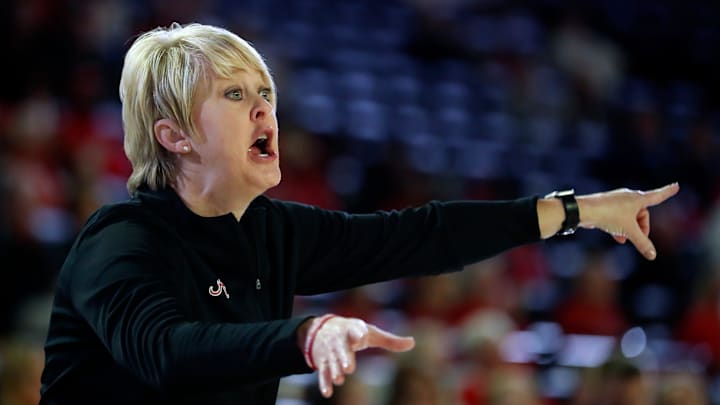 Alabama coach Kristy Curry reacts during a NCAA women's college basketball game between Alabama and Georgia in Athens, Ga., on Thursday, Jan. 11, 2024.
