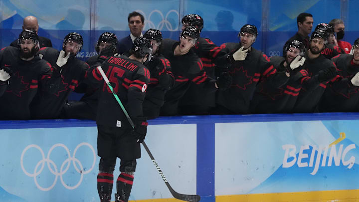 Feb 15, 2022; Beijing, China; Team Canada forward Adam Tambellini (15) celebrates his penalty shot goal against China during the second period in a men's ice hockey qualification match for the quarterfinals during the Beijing 2022 Olympic Winter Games at National Indoor Stadium. Mandatory Credit: George Walker IV-Imagn Images