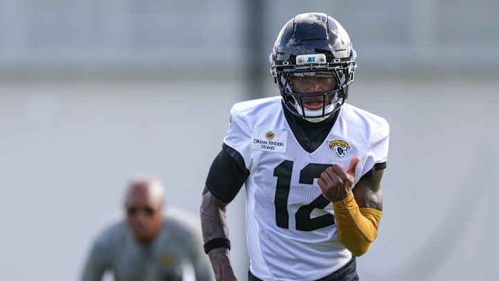 Jul 25, 2025; Jacksonville, FL, USA; Jacksonville Jaguars wide receiver Travis Hunter (12) participates in training camp at Miller Electric Center. Mandatory Credit: Nathan Ray Seebeck-Imagn Images