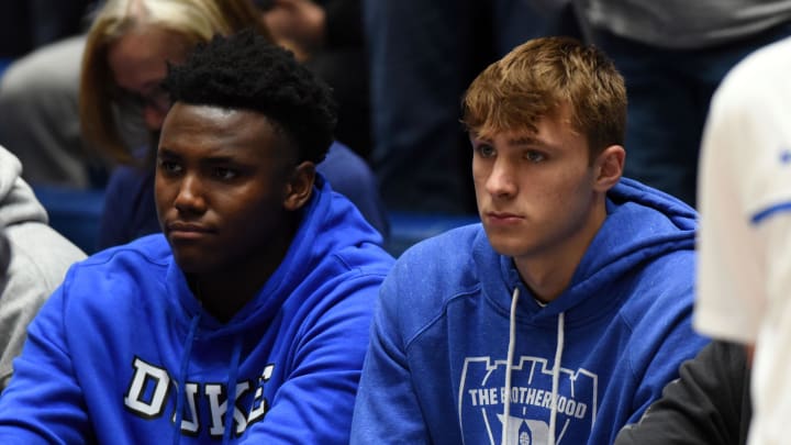Mar 9, 2024; Durham, North Carolina, USA; Duke Blue Devils commits Patrick Ngongba (left) and Cooper Flagg look on prior to a game against the North Carolina Tar Heels at Cameron Indoor Stadium. Mandatory Credit: Rob Kinnan-USA TODAY Sports Mar 9, 2024; Durham, North Carolina, USA; Duke Blue Devils commits Patrick Ngongba (left) and Cooper Flagg look on prior to a game against the North Carolina Tar Heels at Cameron Indoor Stadium. Mandatory Credit: Rob Kinnan-USA TODAY Sports