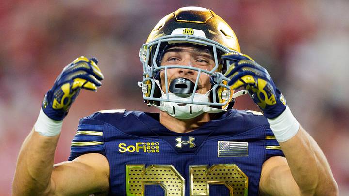Notre Dame wide receiver Matt Jeffery hypes up the crowd during the first half against Wisconsin at Lambeau Field on Sunday.